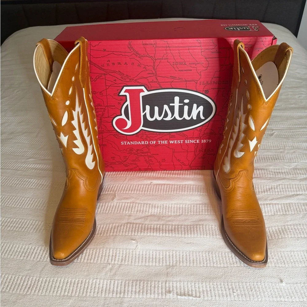 Justin Boots Brown and White Women's Western Genuine Leather Boots Size 9B - Picture 2 of 14